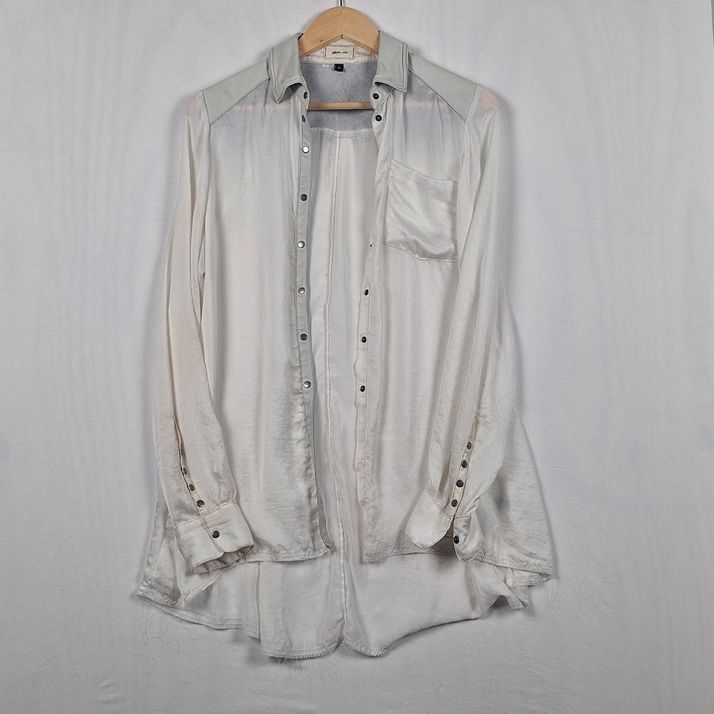 Jakett etc. Leather Trim Snap Front High Low Shirt White Size M
